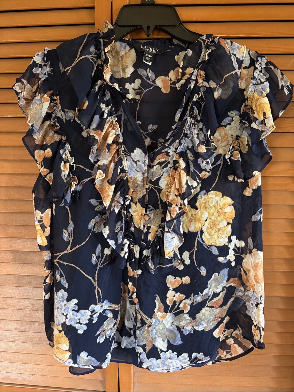 Lauren Ralph Lauren Navy Floral Ruffle V-Neck Blouse
